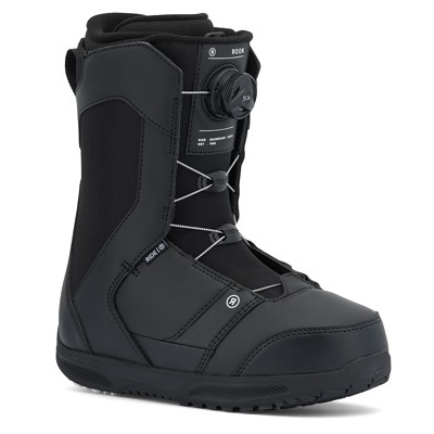 Black snowboarding boot in side view with a dial lace system and rugged sole, showing ankle support and closures.