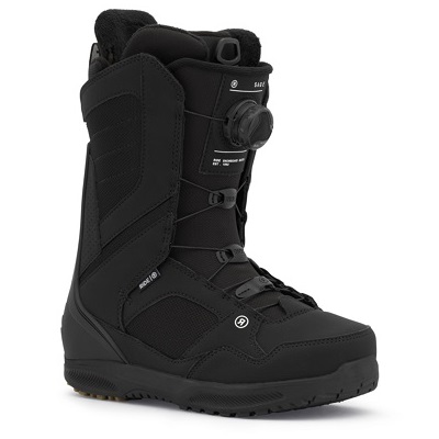 Black snowboard boot with adjustable Boa dial, padded ankle support, and rugged sole for grip.