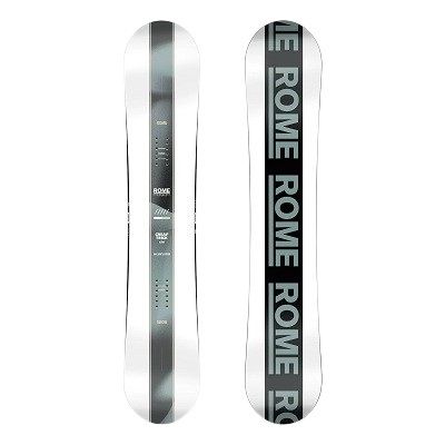 Pair of white and gray Rome snowboards with bold vertical ROMe logos on a black stripe design.