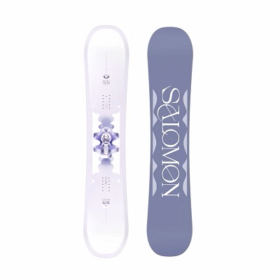 Pair of Salomon snowboards: a white graphic board on the left and a purple board with the Salomon logo on the right.