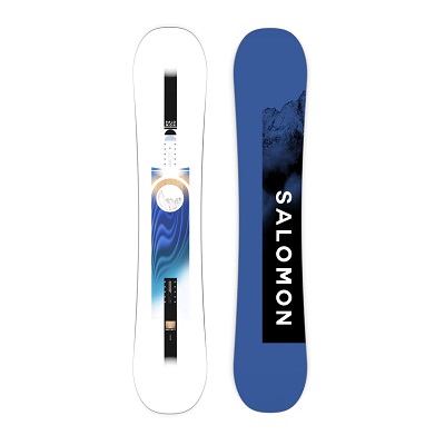 Two skis shown side by side: a white-patterned left ski and a solid blue right ski with a vertical Salomon logo.