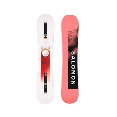 Pair of skis shown side by side: one white with a red abstract design, the other pink with a mountain image and'SALOMON' branding.
