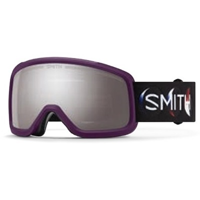 Purple-framed ski goggles with mirrored lens and a black strap reading 'SMITH'