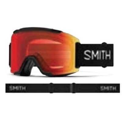 Smith ski goggles with red mirrored lenses and a black adjustable strap showing the Smith branding.