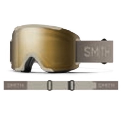 Smith ski goggles with amber lens and gray adjustable strap, shown separately.