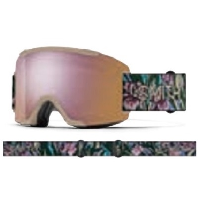 Snow goggles with pink mirrored lenses and a floral-pattern strap, with a small action camera mounted on the side.