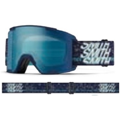 Blue ski goggles with reflective turquoise lenses and a patterned strap reading Smith Optics (brand visible).