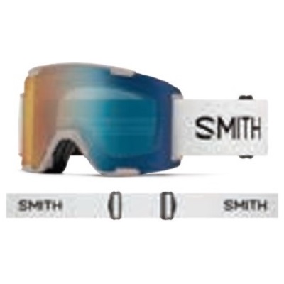Smith ski goggles with blue mirrored lenses and a white adjustable strap displaying the Smith logo.
