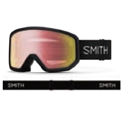 Smith ski goggles with black adjustable strap and pink mirrored lenses.
