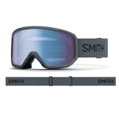 Smith ski goggles with mirrored blue-lens and a dark, adjustable strap labeled SMITH.