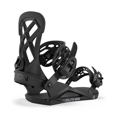 Black snowboard binding with high-back, ankle and toe straps, and ratchet buckles for secure stance on the board.