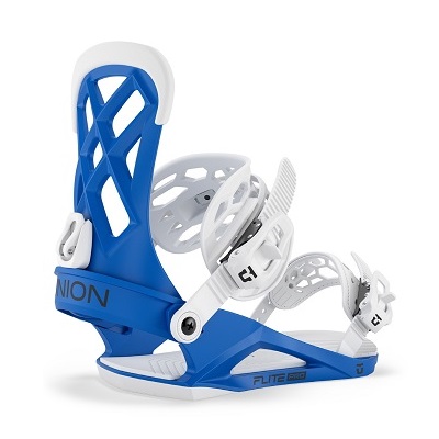 Blue and white snowboard binding with a highback, ankle and toe straps, shown from a side angle on a white background.
