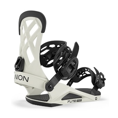 Union Flite Pro snowboard binding in white with black straps, shown from the side featuring the highback and adjustable ankle/toe straps.