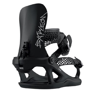 Black snowboard binding with a tall curved highback, ankle and toe straps, and a textured baseplate for mounting to a snowboard.