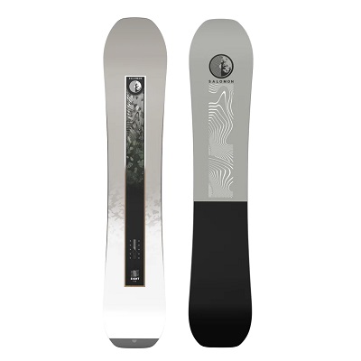 Pair of Salomon skis with gray gradient tops; left ski features a vertical graphic panel, right ski displays wave pattern and black tail.