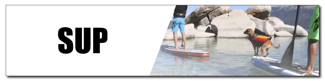 Banner with the word SUP on the left and people paddleboarding with a dog on a board on the right, set against a rocky waterfront.