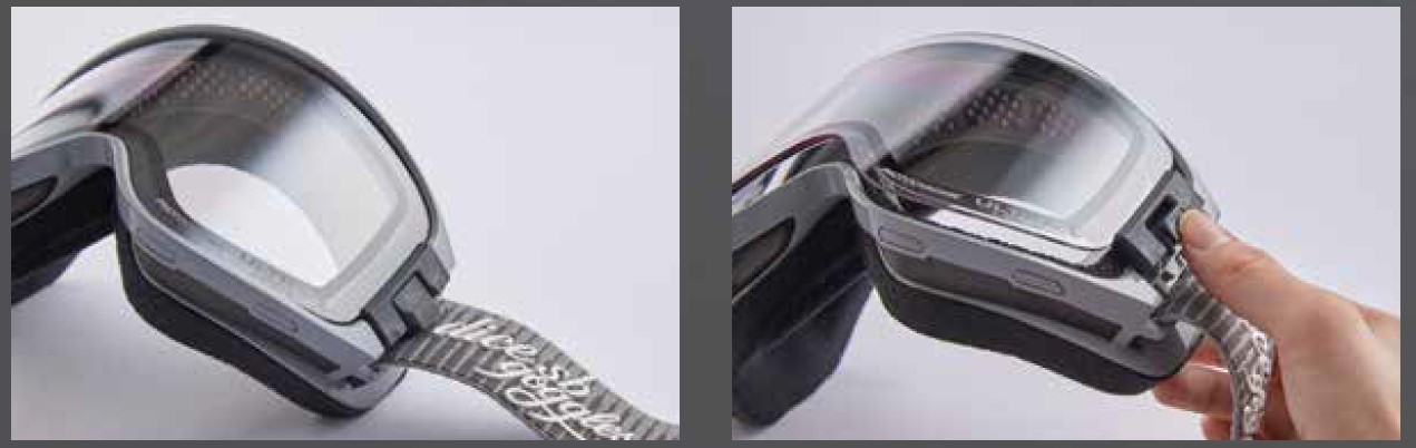 Pair of ski goggles with clear lenses and a patterned grey strap; left image shows the front view, right image shows adjusting the strap.