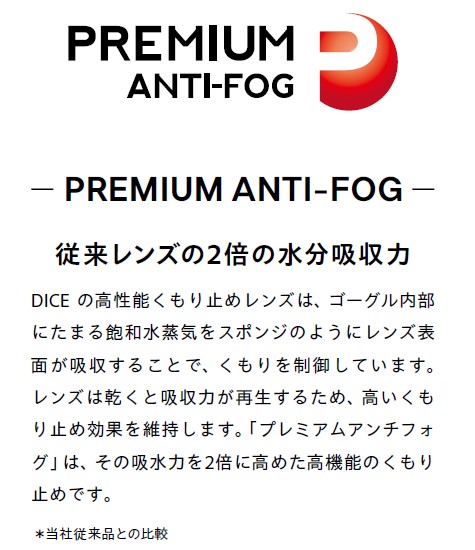 Premium Anti-Fog logo with red droplet icon and Japanese text describing high-performance anti-fog lens moisture absorption.