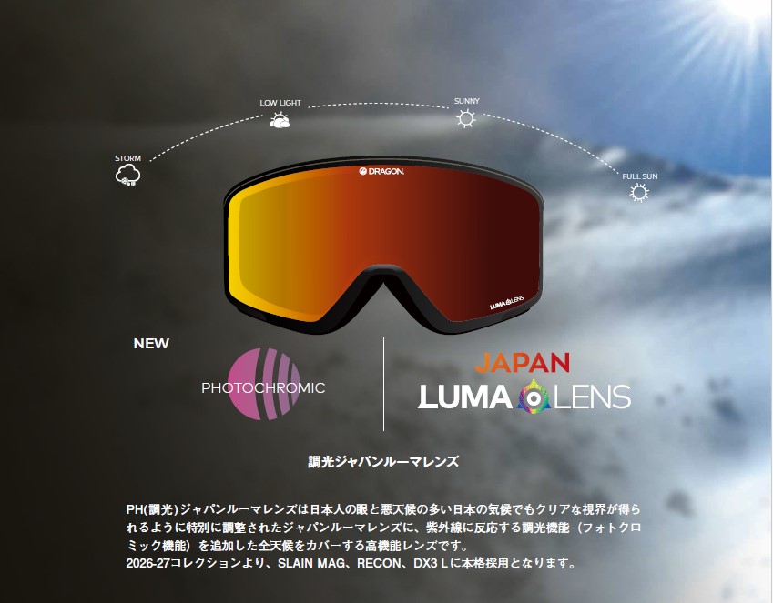Goggles with orange-to-brown lenses; arc above shows light conditions from storm to full sun and the Japan LumaLens branding.
