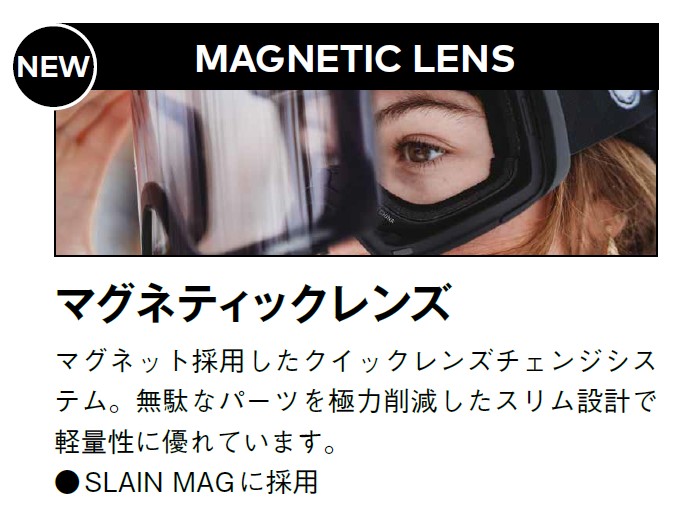 Banner for a magnetic lens product showing 'NEW' and 'MAGNETIC LENS' with a close-up of a person wearing protective goggles