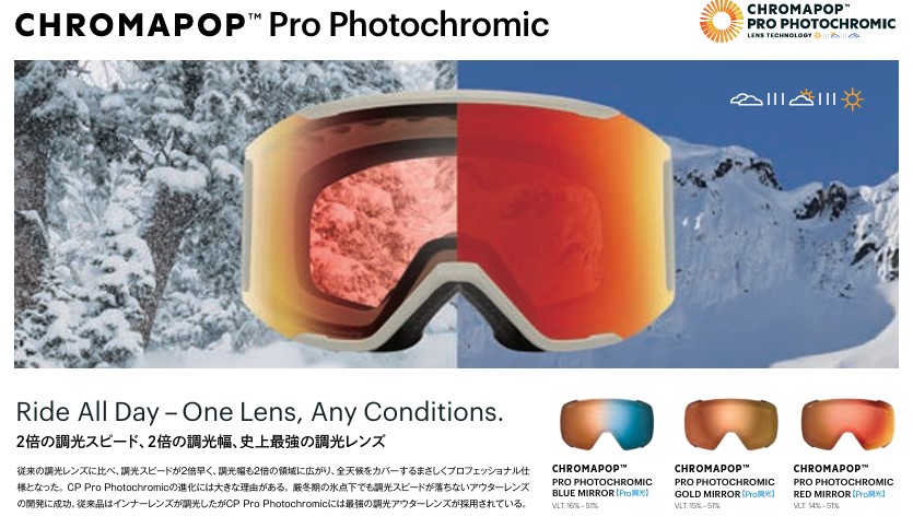 CHROMAPOP Pro Photochromic ad: split lens image with snow on left and blue sky on right, slogan 'Ride All Day – One Lens, Any Conditions' and four color-mirror options below.