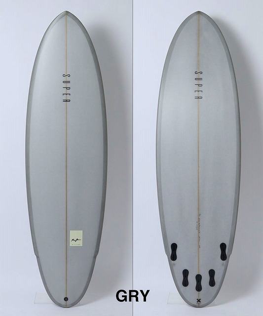 MARGIN2 - SHOP NEWS | ムラサキスポーツオンラインストア 通販 Two gray surfboards shown side by side: left shows a sticker near the tail, right shows four fin boxes installed along the rail with a center stringer; both viewed from the top and bottom separately.
