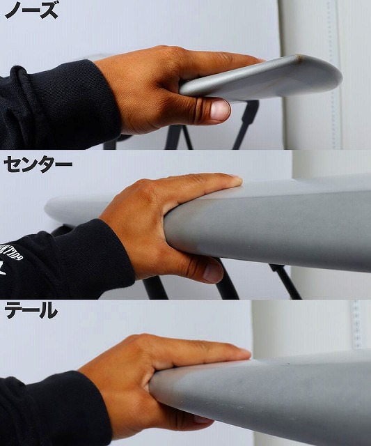 MARGIN5 - SHOP NEWS | ムラサキスポーツオンラインストア 通販 Three panels show a hand gripping a gray board at the nose, center, and tail (labels in Japanese).