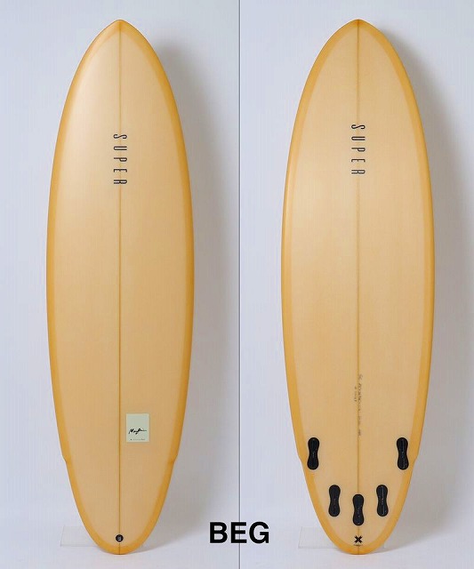 MARGIN8jpg - SHOP NEWS | ムラサキスポーツオンラインストア 通販 Two yellow surfboards shown side by side (front and back views): 'SUPER' logo down the center, left board has a small sticker, right board shows four fin boxes and a star mark at the tail.