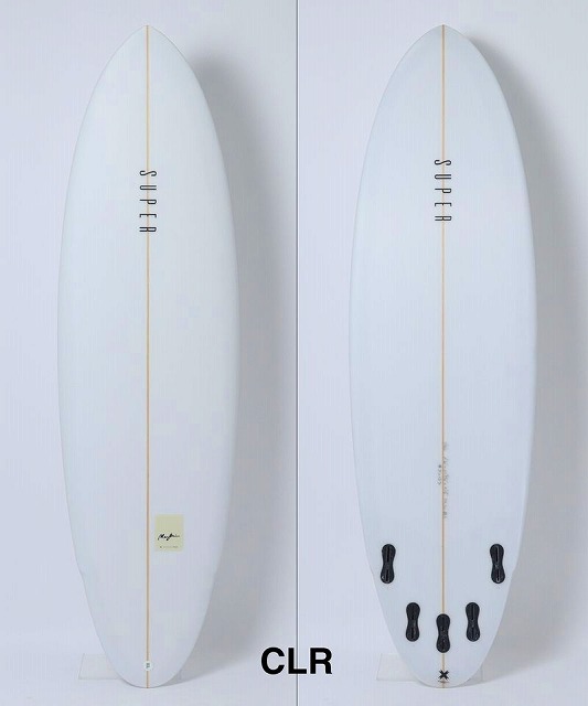 MARGIN9 - SHOP NEWS | ムラサキスポーツオンラインストア 通販 Front and back view of a white surfboard with a wood stringer and small logo near the tail; another view shows four fin boxes on the tail and a small star sticker.